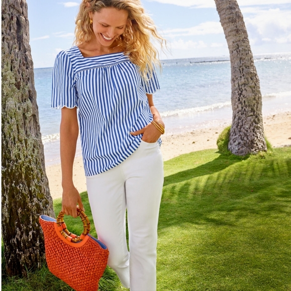 NWT TALBOTS Sailboat Stripe Scalloped Square neck top - Picture 2 of 12